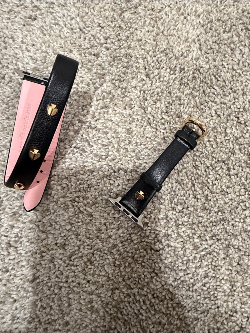 kate spade Black Leather Apple Watch Band with Pink Lining and Gold Heart Studs